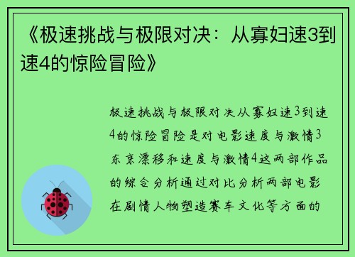 《极速挑战与极限对决：从寡妇速3到速4的惊险冒险》