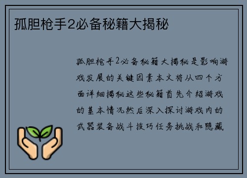 孤胆枪手2必备秘籍大揭秘 孤胆枪手2必备秘籍大揭秘